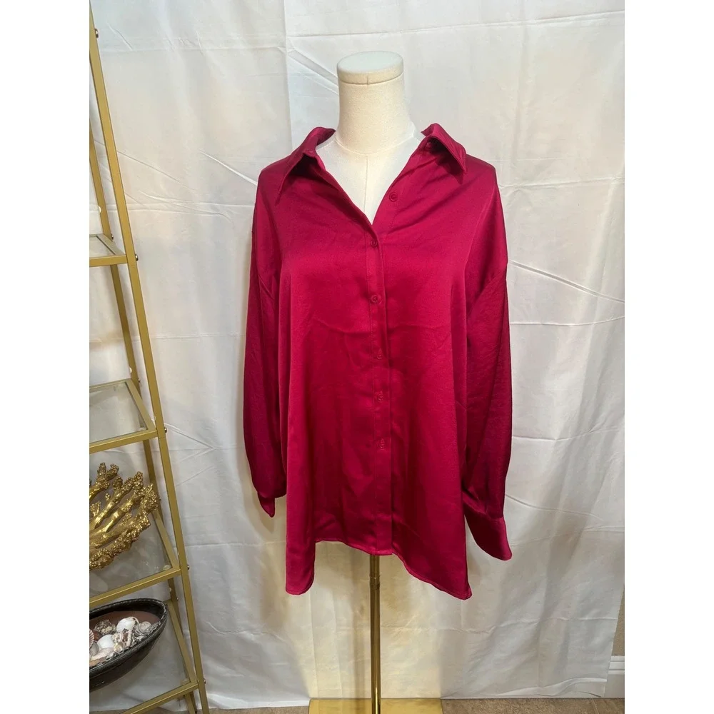 A New Day Womens XXL‎ pink Satin Button Down Long Sleeve Oversized Shirt NWT